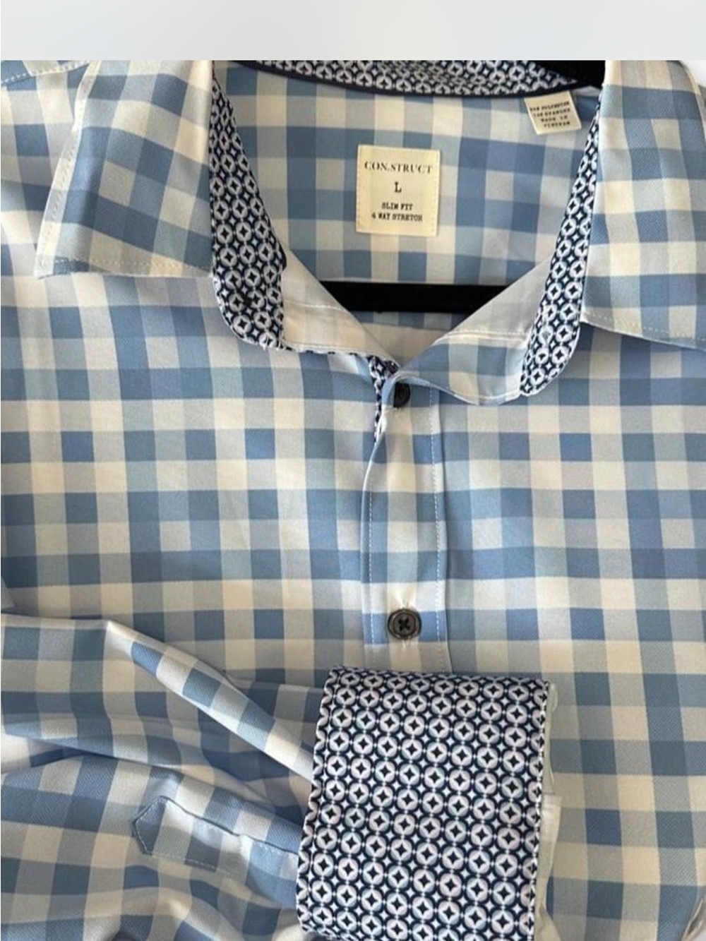 NWT Men's Blue Gingham Dress Shirt with Patterned Trim Detail - Size Large